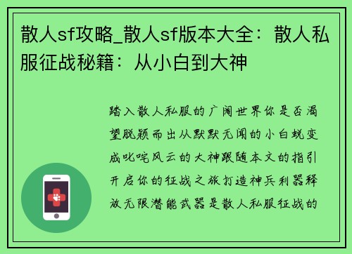 散人sf攻略_散人sf版本大全：散人私服征战秘籍：从小白到大神