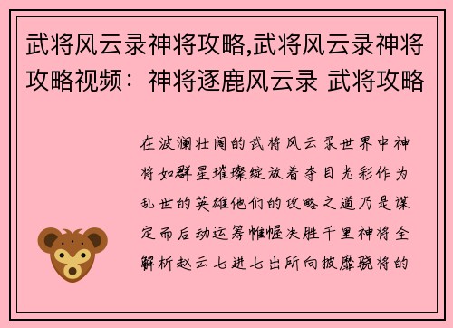 武将风云录神将攻略,武将风云录神将攻略视频：神将逐鹿风云录 武将攻略全解析